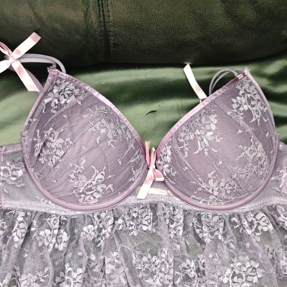 La Vie en Rose Elegant Lace Babydoll Lingerie in Purple LavenderPadded Hook Sz L - Picture 4 of 13
